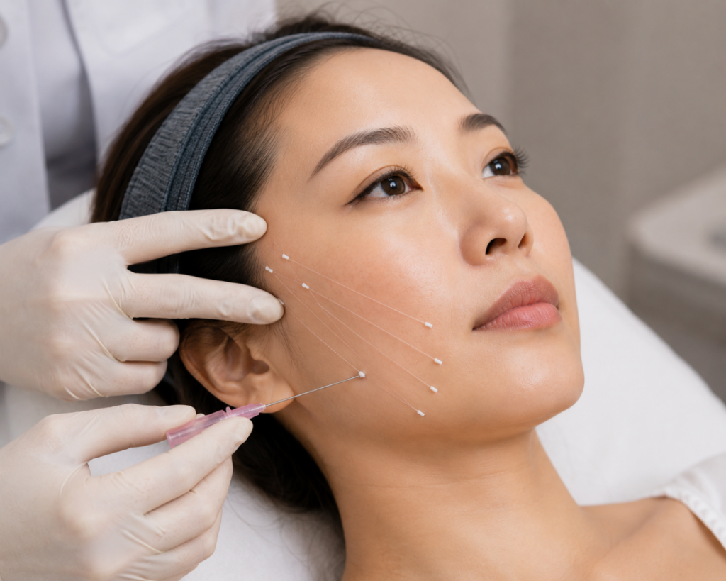 Thread lift procedure showing dissolvable lifting threads being inserted beneath skin.